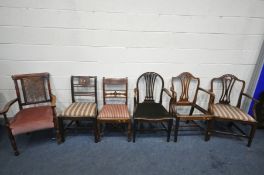 SIX VARIOUS PERIOD CHAIRS, of various ages, woods and styles (condition:-loose top rail to one