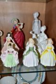 FIVE ROYAL DOULTON LADY FIGURES AND TWO OTHERS, comprising 'Antoinette' HN2326, 'Penny' HN2338 and