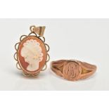 A 9CT GOLD CAMEO PENDANT AND SIGNET RING, a shell cameo, depicting a lady in profile set in a rope