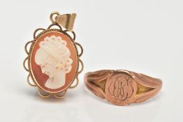 A 9CT GOLD CAMEO PENDANT AND SIGNET RING, a shell cameo, depicting a lady in profile set in a rope