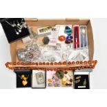A SELECTION OF SILVER, WHITE METAL AND COSTUME JEWELLERY, to include a silver albert chain, fitted