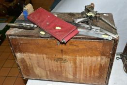 A WOODEN MOORE & WRIGHT ENGINEERS TOOL BOX WITH A SELECTION OF TOOLS AND INSTRUMENTS ETC, to include