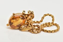 AN EARLY 19TH CENTURY CHAIN AND CITRINE PENDANT, a belcher chain fitted with a push pin barrel