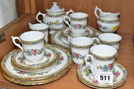 A COALPORT MING ROSE PATTERN PART TEA / COFFEE SERVICE, comprising a twin handled sugar bowl and