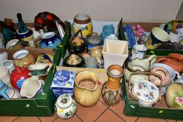 FIVE BOXES AND LOOSE CERAMIC VASES AND JUGS ETC, to include a Langley Pottery vase height 26cm, in a