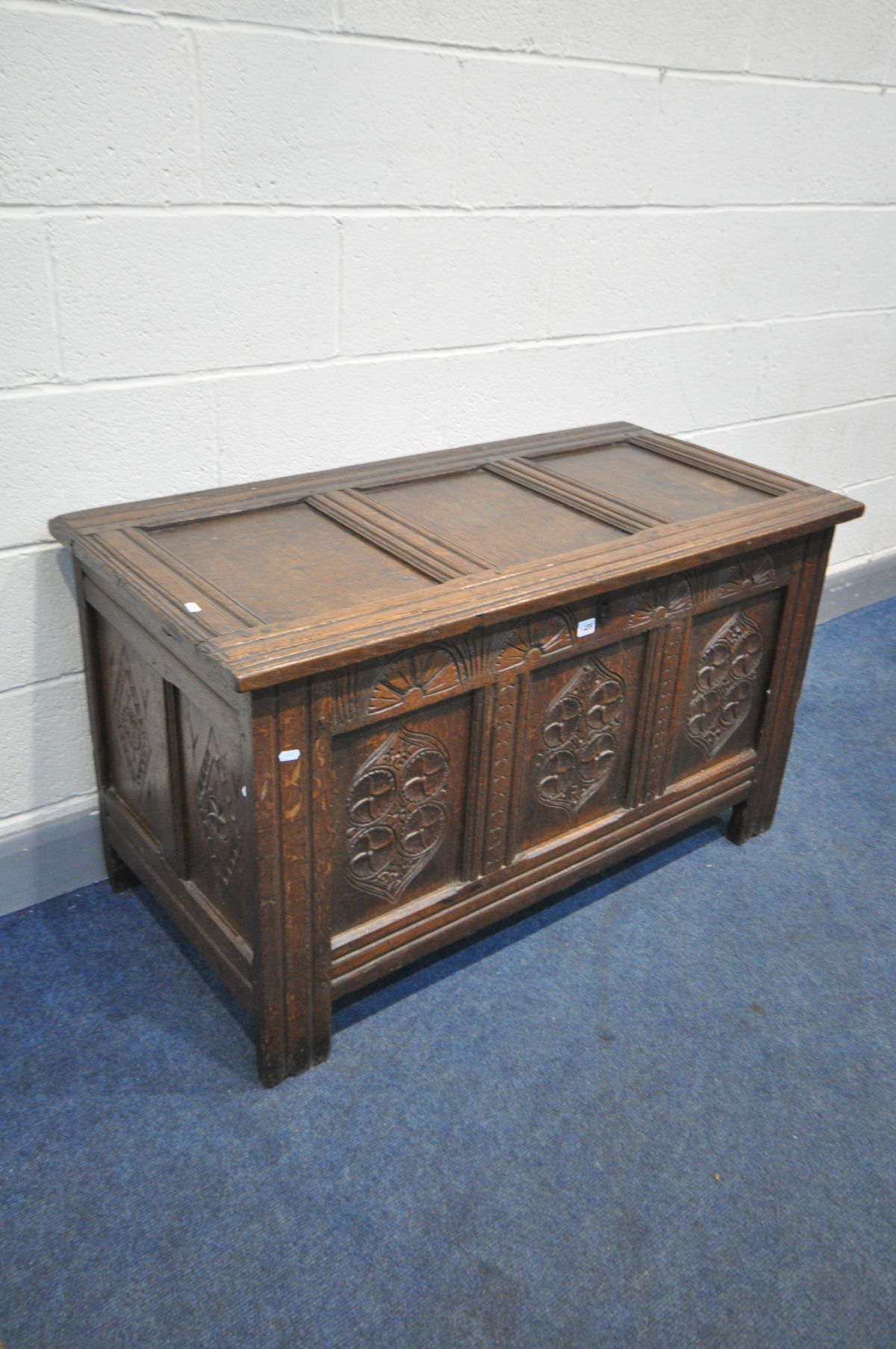 A GEORGIAN OAK COFFER, with carved panels, width 120cm x depth 57cm x height 68cm - Image 2 of 3