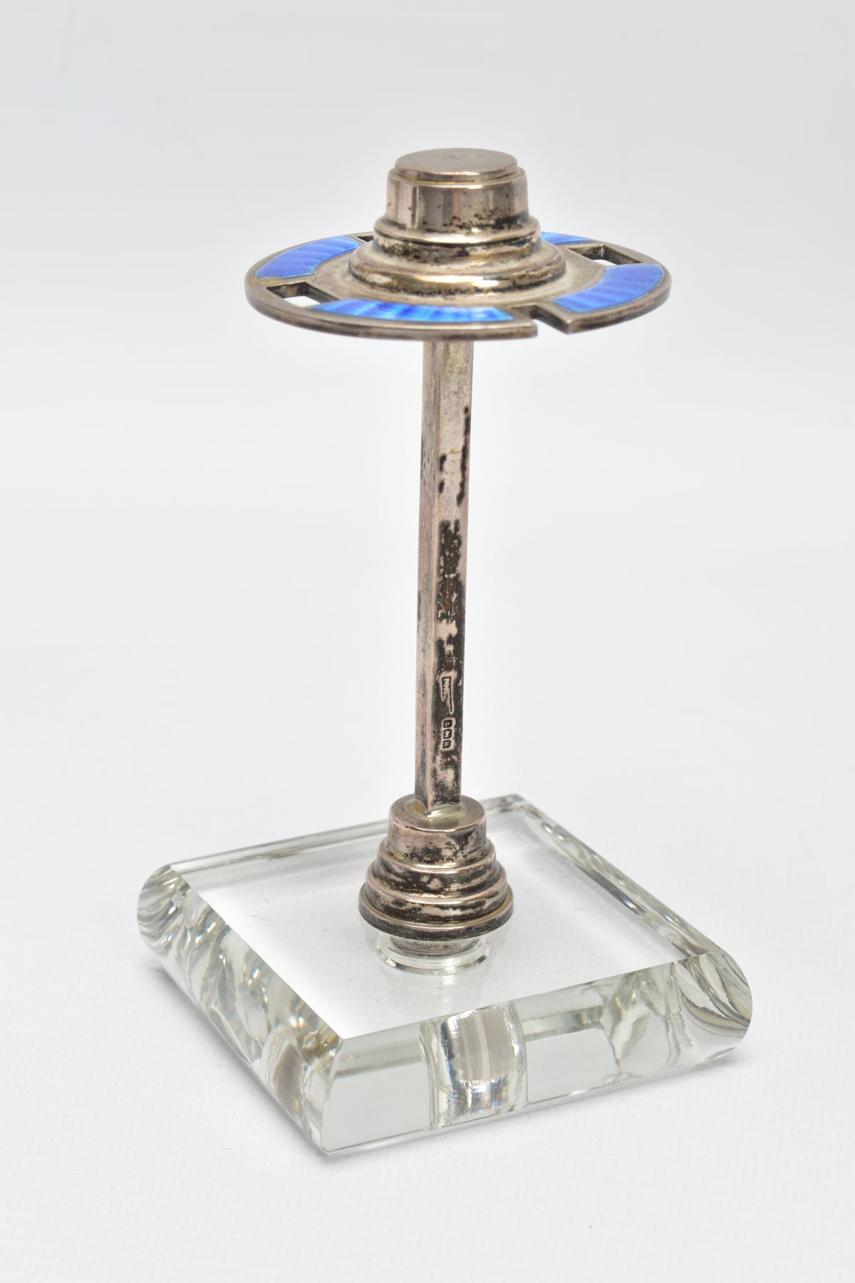 A 1930S SILVER ENAMEL MANICURE STAND, a circular silver stand with blue guilloche enamel detail - Image 2 of 9