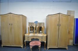 A FRENCH LIGHT WALNUT BEDROOM SUITE, labelled 'Walnut cabinet works', comprising of two sized double