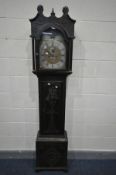 A GEORGIAN CARVED OAK LONGCASE CLOCK, the hood enclosing a brass 10 1/2' dial, moonphase to arch,