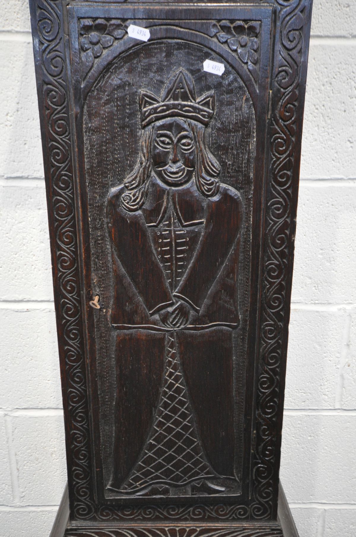 A GEORGIAN CARVED OAK LONGCASE CLOCK, the hood enclosing a brass 10 1/2' dial, moonphase to arch, - Image 7 of 7