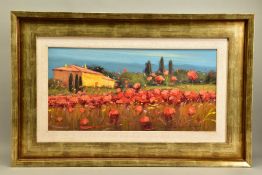 BRUNO TINUCCI (ITALY 1947), an Italian farmhouse beyond a field of red flowers, signed bottom right,