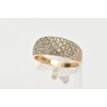 A 9CT GOLD DIAMOND DRESS RING, white gold mount with a crossed pattern, pave set with thirty two