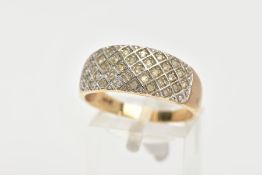 A 9CT GOLD DIAMOND DRESS RING, white gold mount with a crossed pattern, pave set with thirty two