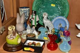 A SMALL GROUP OF CERAMICS AND GLASSWARE, to include a Victorian Staffordshire pottery figure of a