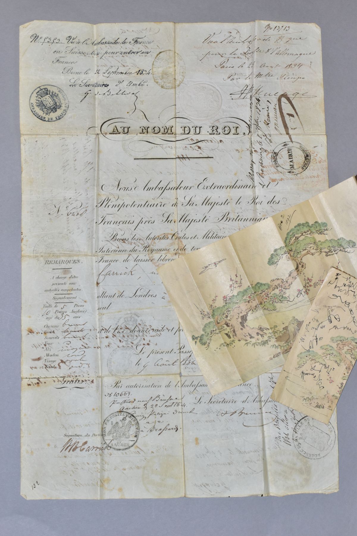 EPHEMERA, A diplomatic document from circa 1834 with the legend 'Au Nom Du Roi' (In the Name of