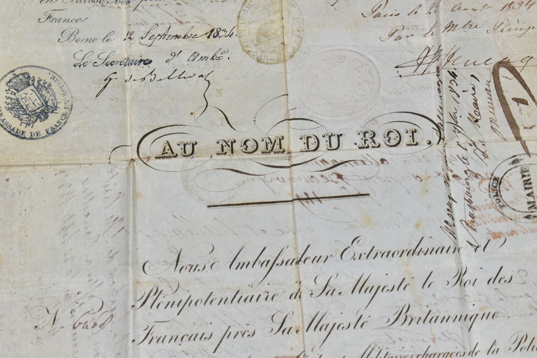 EPHEMERA, A diplomatic document from circa 1834 with the legend 'Au Nom Du Roi' (In the Name of - Image 5 of 12