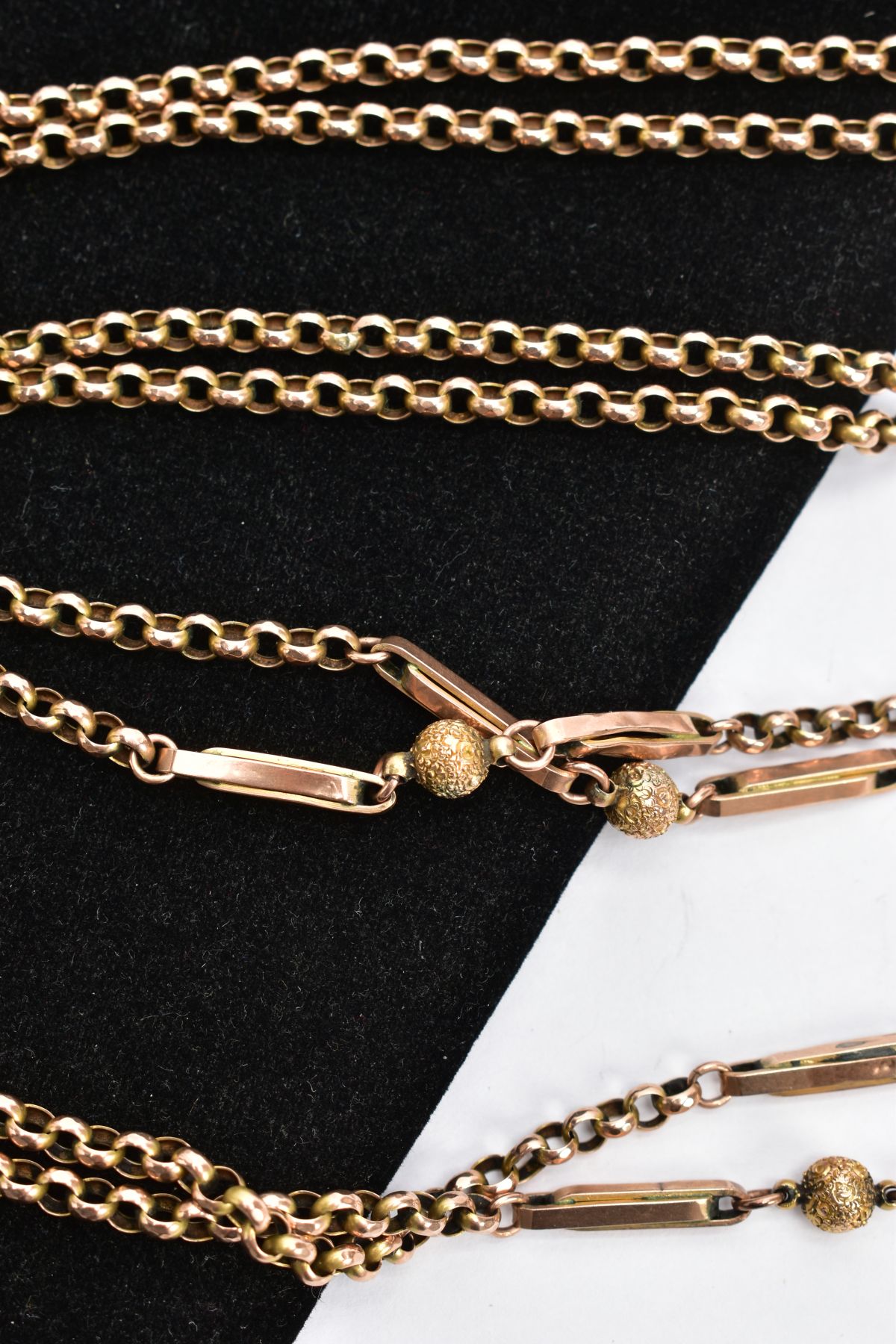 A 9CT GOLD GUARD CHAIN, belcher link chain, one link stamped 9ct, interspaced with elongated bar - Image 3 of 4