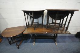 THREE VARIOUS OAK GATE LEG TABLE, including one barley twist, and an oak refectory table, length
