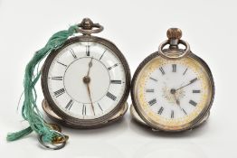 TWO SILVER POCKET WATCHES, the first an open face watch with a round white dial, Roman numerals,