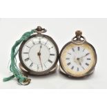 TWO SILVER POCKET WATCHES, the first an open face watch with a round white dial, Roman numerals,