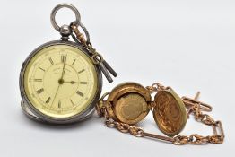 A 9CT GOLD TROMBONE ALBERT CHAIN, SILVER POCKET WATCH AND COIN CASE, a rose gold trombone albert