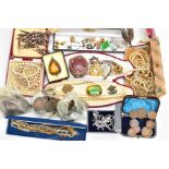 A BOX OF ASSORTED SILVER AND COSTUME JEWELLERY, to include a hinged silver bangle with floral