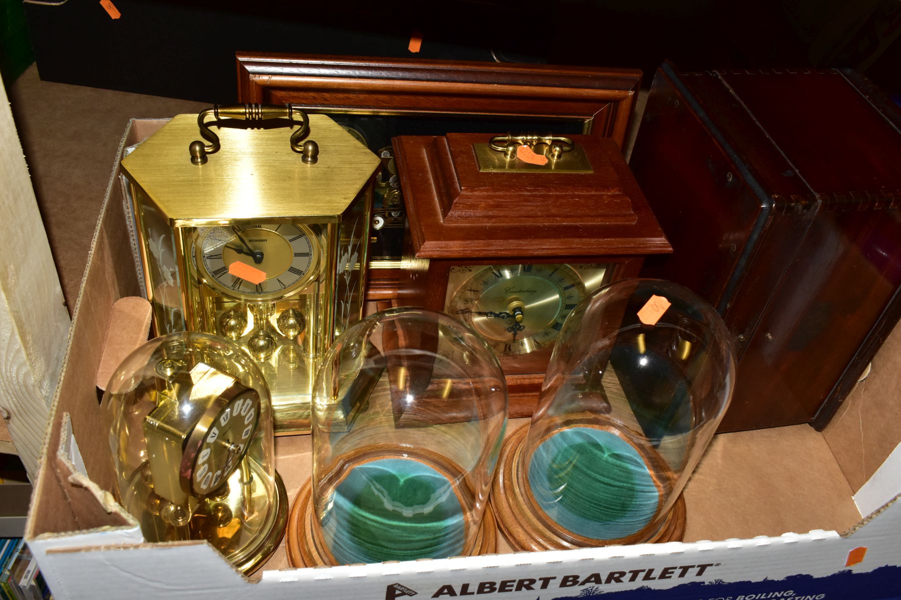 TWO BOXES OF CLOCKS, METALWARES AND SUNDRY ITEMS, to include two glass display domes with bases - Image 2 of 6