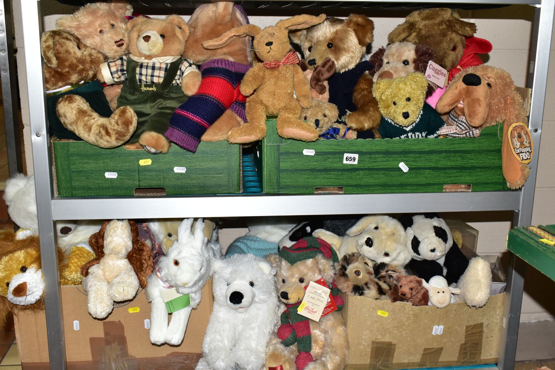FOUR BOXES OF SOFT TOYS, approximately forty modern teddy bears and soft animals to include six
