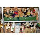 FOUR BOXES OF SOFT TOYS, approximately forty modern teddy bears and soft animals to include six