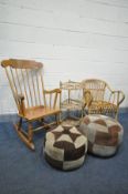 A BEECH SPINDLE BACK ROCKING CHAIR, along with two graduated upholstered patchwork pouffes, a wicker