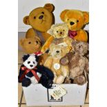 A BOX CONTAINING SEVEN ASSORTED COLLECTORS BEARS, comprising a Steiff 1951 Classic 22cm, a Ganz