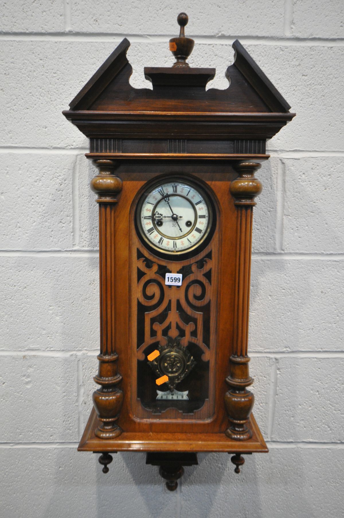 A GUSTAV BECKER WALNUT VIENNA WALL CLOCK, the 5ft dial with roman numerals, height 97cm (winding key