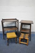 AN OAK SQUARE THREE TIER OCCASIONAL TABLE, width 51cm x depth 45cm x height 73cm, a mahogany two