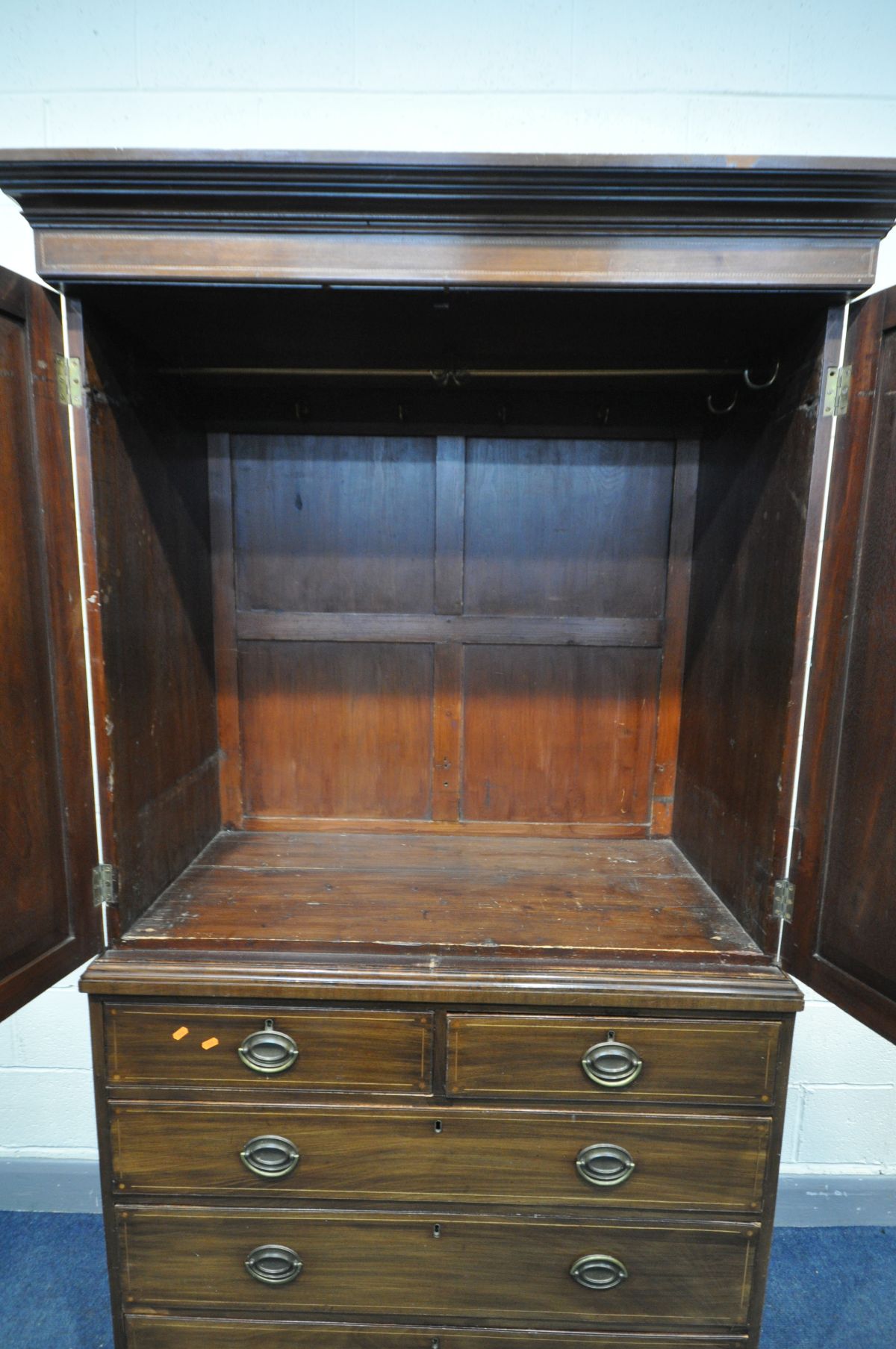 A GEORGIAN MAHOGANY LINEN PRESS, converted to a wardrobe, the double panelled doors enclosing - Image 2 of 4