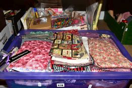 TWO BOXES OF FABRIC PIECES, SEWING AND NEEDLEWORK ACCESSORIES, to include approximately eighty