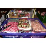 TWO BOXES OF FABRIC PIECES, SEWING AND NEEDLEWORK ACCESSORIES, to include approximately eighty