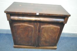 A VICTORIAN FLAME MAHOGANY CHIFFONIERE, with a single frieze drawer over double doors, width 94cm