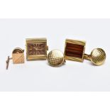 A 9CT GOLD TIE PIN AND TWO PAIRS OF GOLD-PLATED CUFFLINKS, the tie pin of a square form, half with a