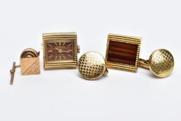 A 9CT GOLD TIE PIN AND TWO PAIRS OF GOLD-PLATED CUFFLINKS, the tie pin of a square form, half with a