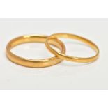 TWO 22CT GOLD BAND RINGS, a soft courted band ring approximate width 3mm, approximate depth 1mm,