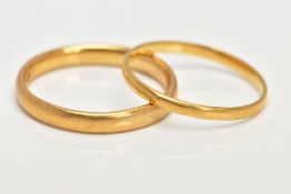 TWO 22CT GOLD BAND RINGS, a soft courted band ring approximate width 3mm, approximate depth 1mm,