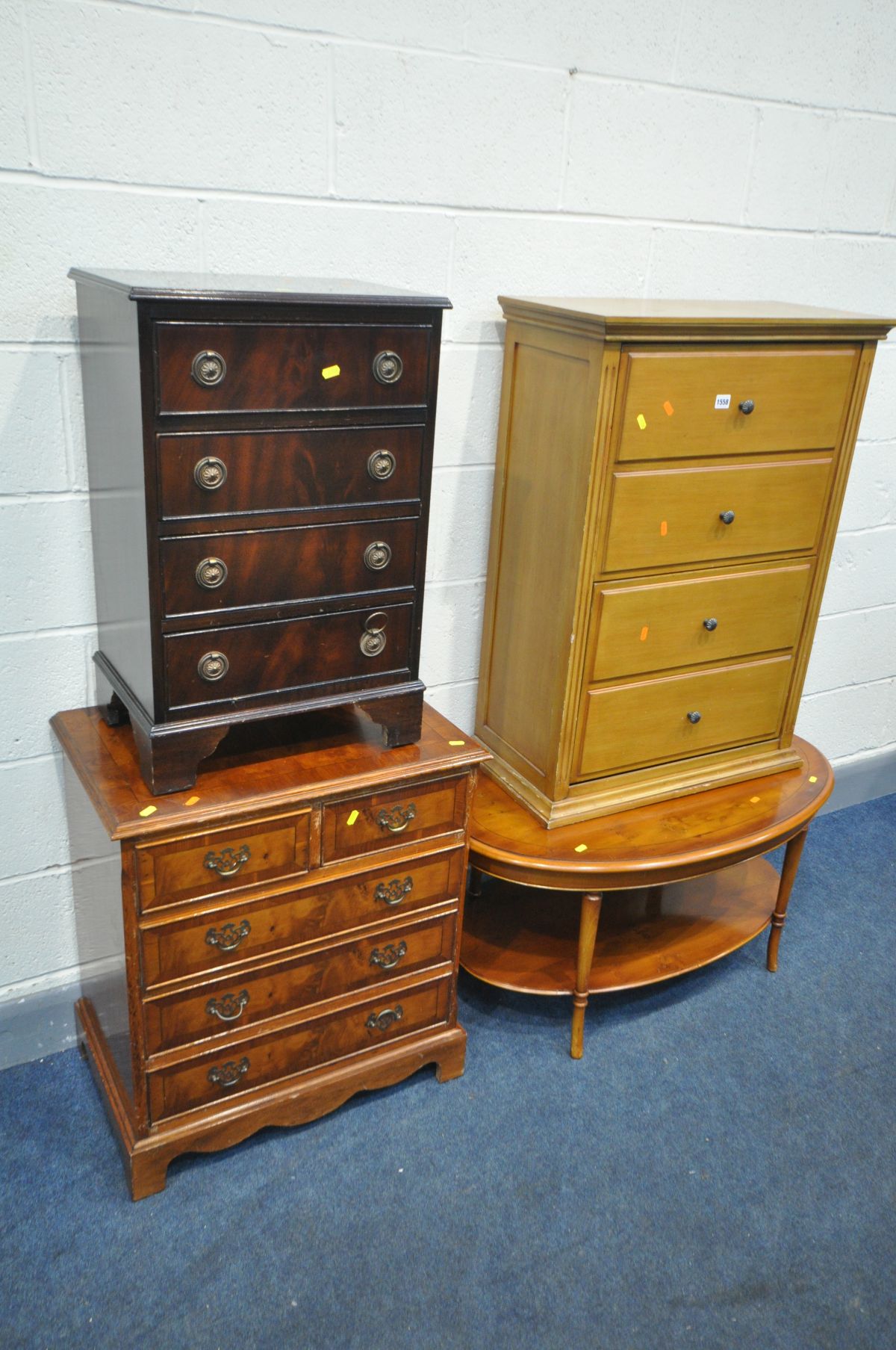 A YEW WOOD CHEST OF FIVE DRAWERS, width 63cm x depth 43cm x height 70cm, a similar oval coffee