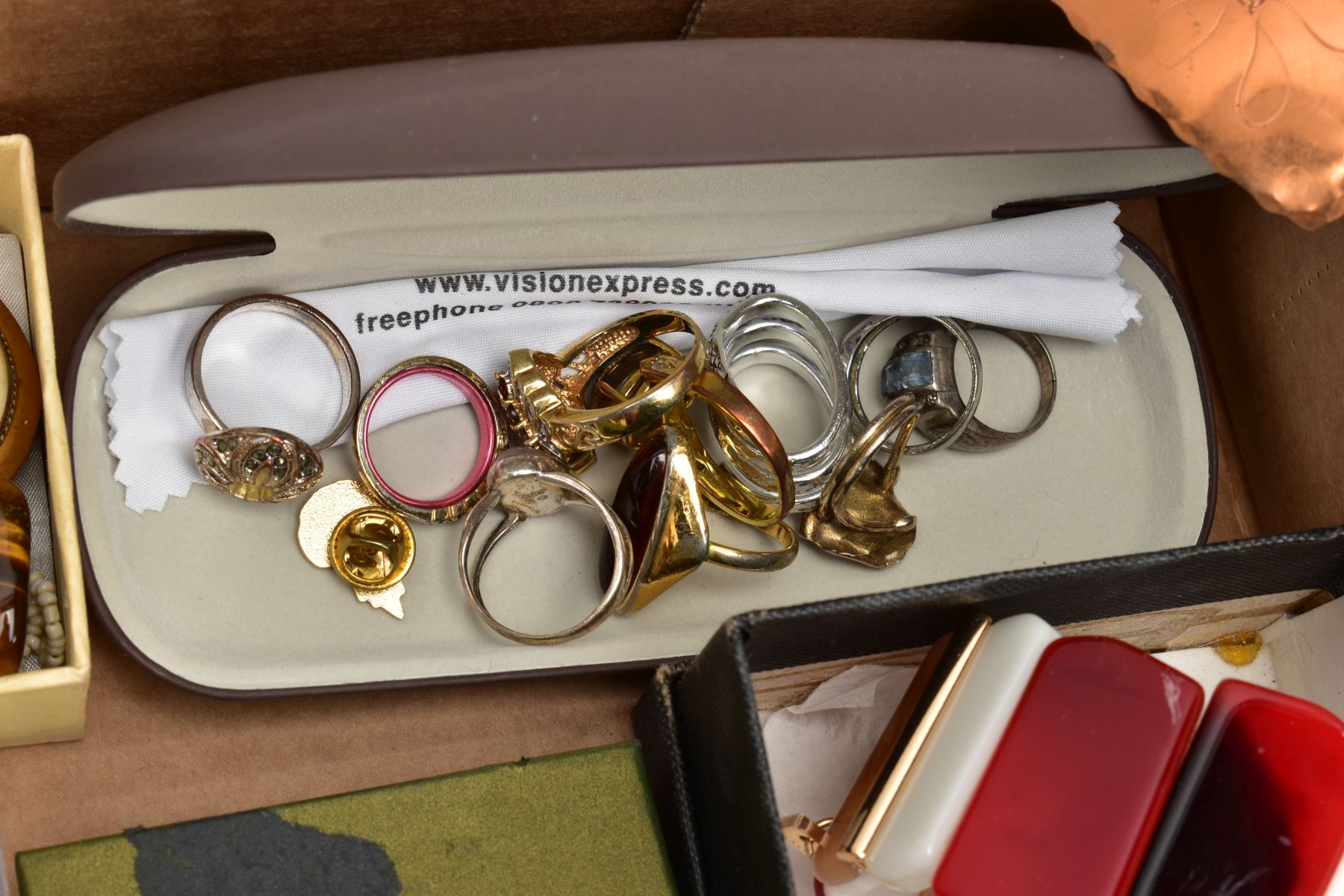 A BOX OF MOSTLY COSTUME JEWELLERY, to include a white metal RAF enamel brooch, stamped 'Silver', - Image 4 of 12