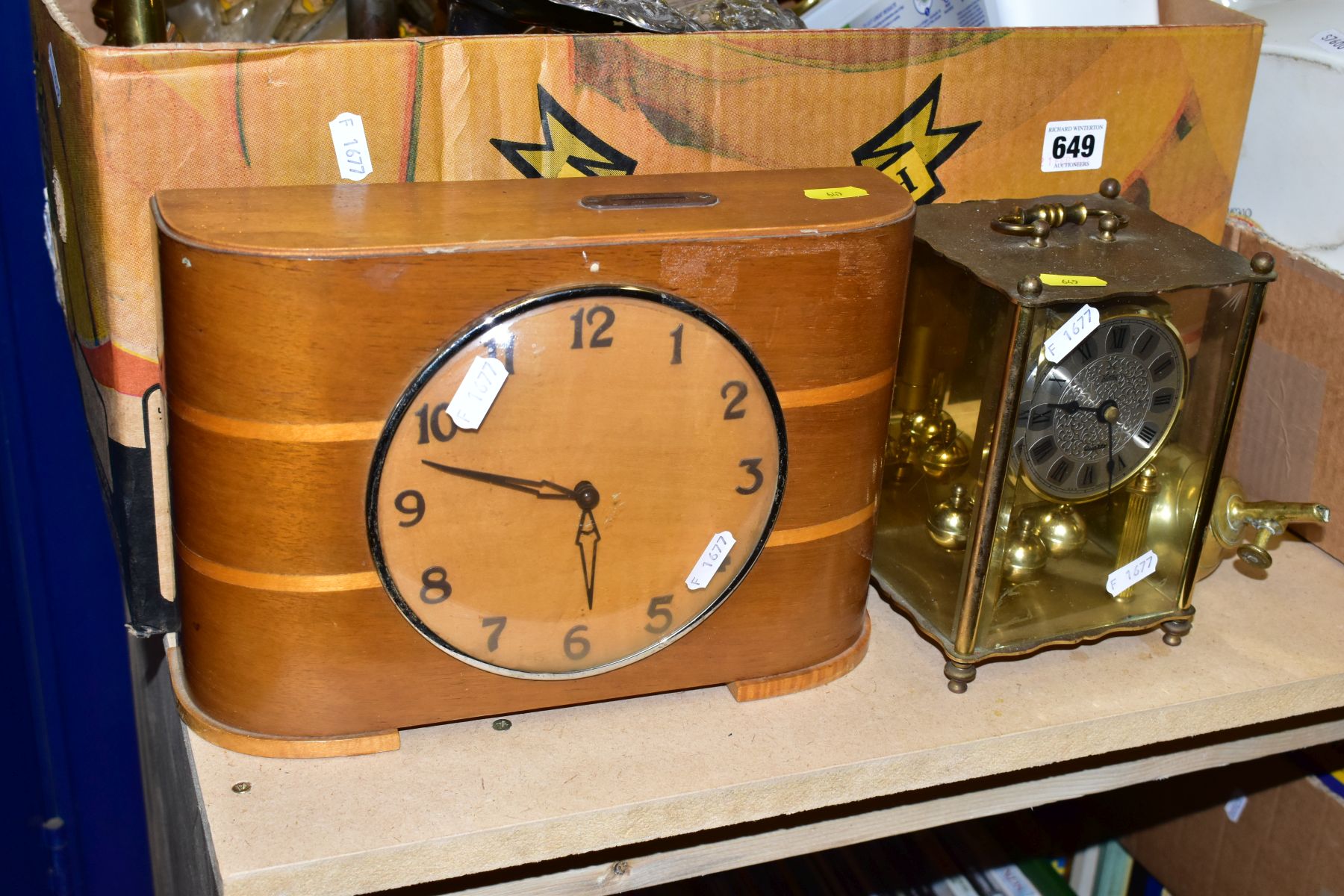 A BOX AND LOOSE SUNDRY ITEMS ETC, to include an Art Deco style 'Time Savings Clock Company' clock, - Image 11 of 12