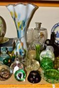 A GROUP OF DECORATIVE GLASSWARES, to include paperweights by Caithness, Eirian and others, a