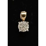A 9CT GOLD DIAMOND PENDANT, of a circular form, set with seven round brilliant cut diamonds,