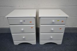 A PAIR OF WHITE THREE DRAWER BEDSIDE CABINETS