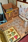 TWO BOXES AND LOOSE SUNDRY ITEMS ETC, to include a set of six Edinburgh Crystal wine glasses, two