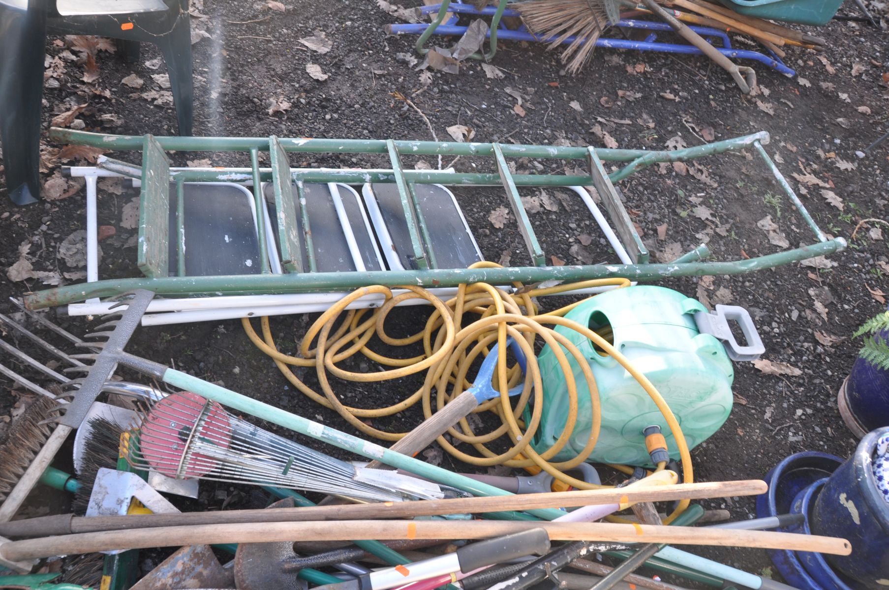 TWO GARDEN HOSE REELS, TWO STEEL STEP LADDERS and a quantity of garden tools including a builders - Image 3 of 3