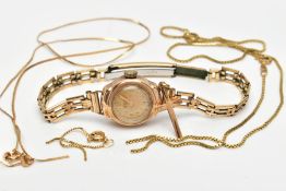 A LADYS 'HEFIK' WRISTWATCH, A 9CT GOLD PENDANT AND BROKEN CHAINS, the lady's wristwatch with a round